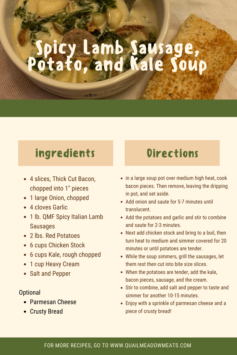 Spicy Lamb Sausage, Potato and Kale Soup Quail Meadow Farms